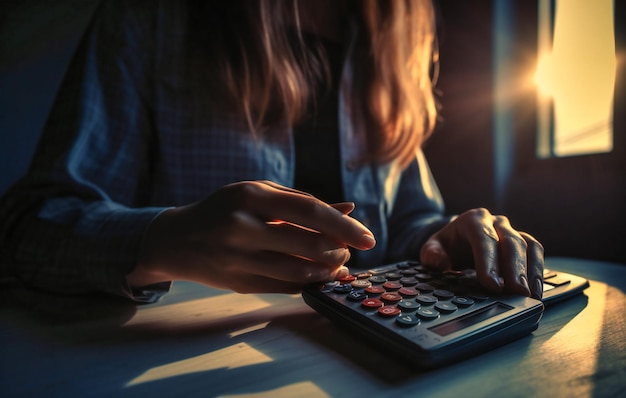 Mãos de uma mulher e calculadora em uma mesa