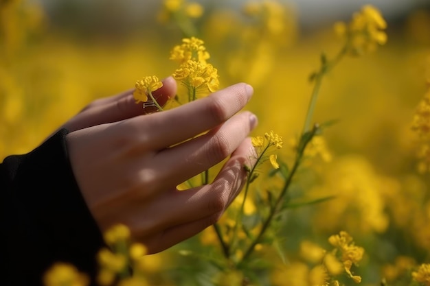 Mãos de uma mulher tocando uma flor de estupro no campo Uma mão de menina em close view de tocar uma flor amarela de estupro AI Gerado