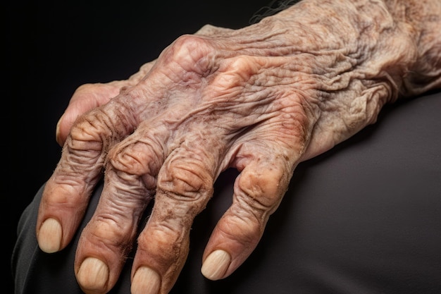 mãos de uma velha com pele enrugada