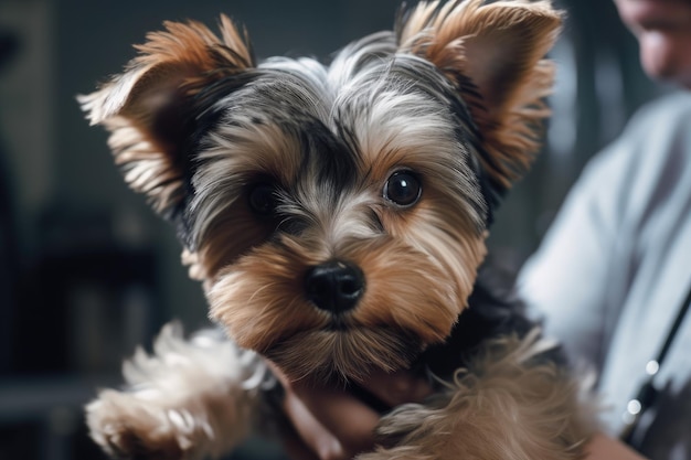 Mãos de veterinários segurando cachorro em cima da mesa no Hospital Veterinário Generative AI