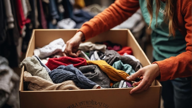 Mãos de voluntários segurando uma caixa de doação de roupas cheia de itens de roupas de todas as cores