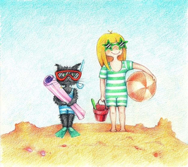 Mãos desenhadas de menina e gato em pé na praia pelos lápis