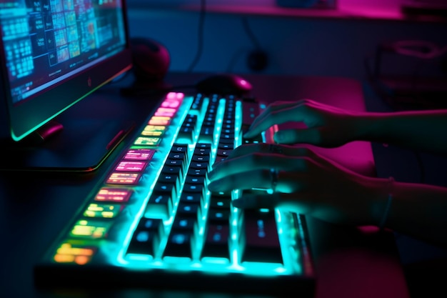 mãos digitando no teclado neon estilo cibernético