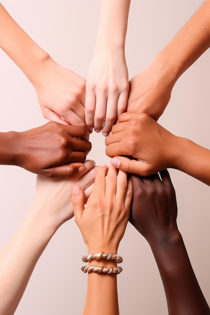 Foto mãos diversas a juntarem-se para formar um círculo