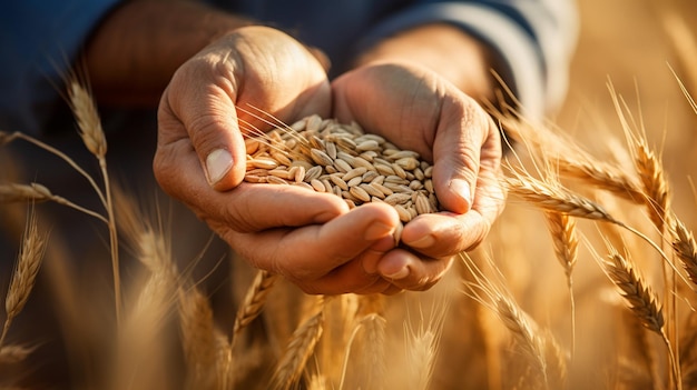 mãos do agricultor segurando o trigo colhido
