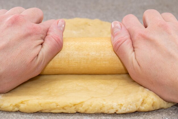 Mãos do chef desenrolando a massa com um rolo sobre uma mesa cinza, close-up. Cozinhar massa para torta, pizza, biscoitos. Conceito de panificação caseira