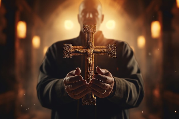 Foto mãos do cristianismo segurando uma cruz religiosa ore a deus