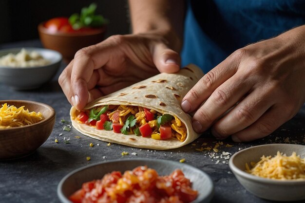 Mãos dobrando uma tortilha sobre o f