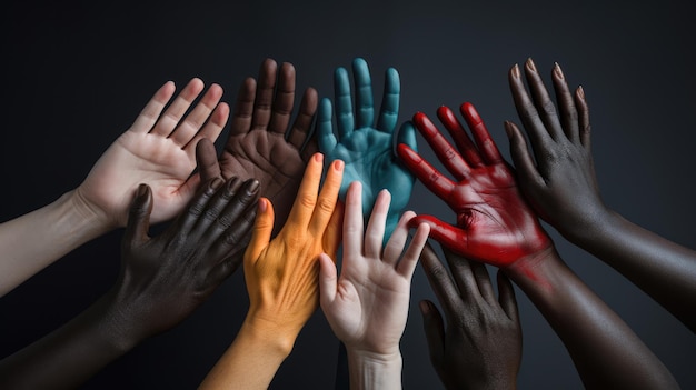 Mãos e dedos de pessoas formando o conceito de multiculturalismo O conceito de negócios em comunidade de trabalho em equipe e diversidade