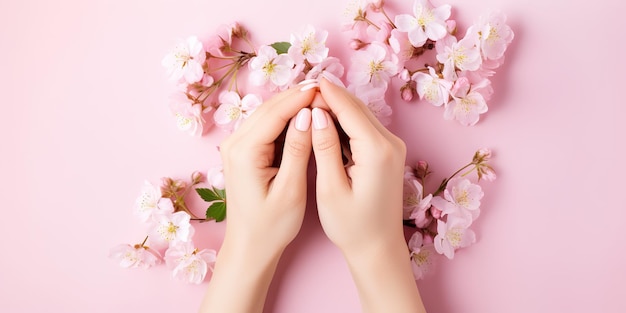 Mãos e flores da primavera na mesa de cuidados com a pele rosa Nature Cosmetics para cuidados com a pele das mãos