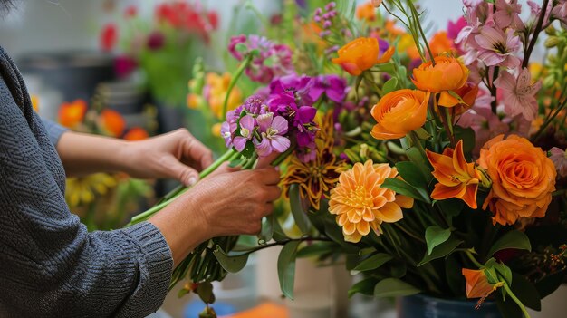 Mãos em close-up de um florista experiente idoso criando um buquê brilhante com fundo desfocado