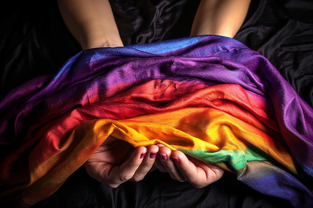 mãos em close-up segurando uma bandeira arco-íris conceito de amor LGBT