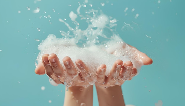 Foto mãos em espuma de sabão em fundo azul claro