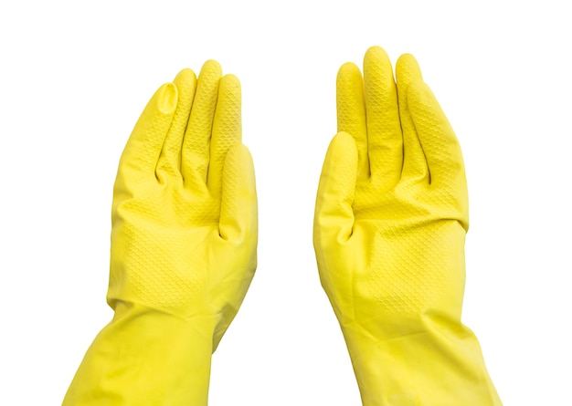 Mãos em luvas amarelas, isoladas em uma foto de fundo branco