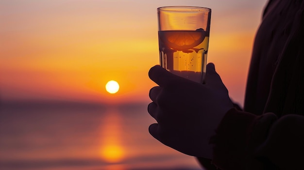 Mãos em silhueta levantando um copo para um pôr-do-sol laranja vibrante celebrando o fim de um dia