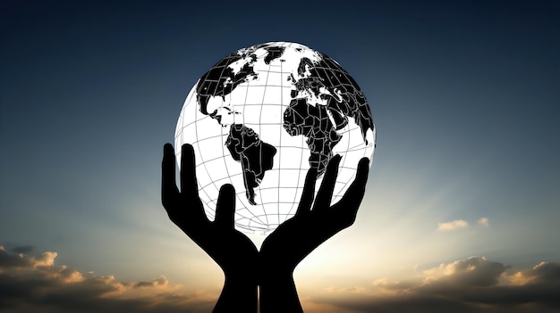 Mãos em silhueta liberando uma esfera mundial no céu simbolizando aspirações e sonhos globais