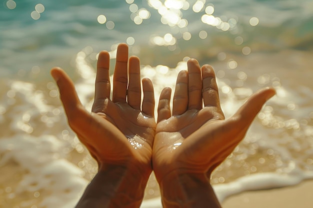 Mãos entrelaçadas capturando a luz do sol à beira-mar Closeup de mãos juntas contra um belo pôr-do-sol sobre o oceano Esperança Meditação conceito de atividade ao ar livre de verão