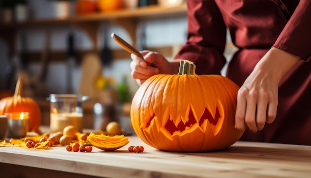 Mãos esculpindo abóbora assustadora para o Halloween em fundo de cozinha branco borrado com espaço de cópia