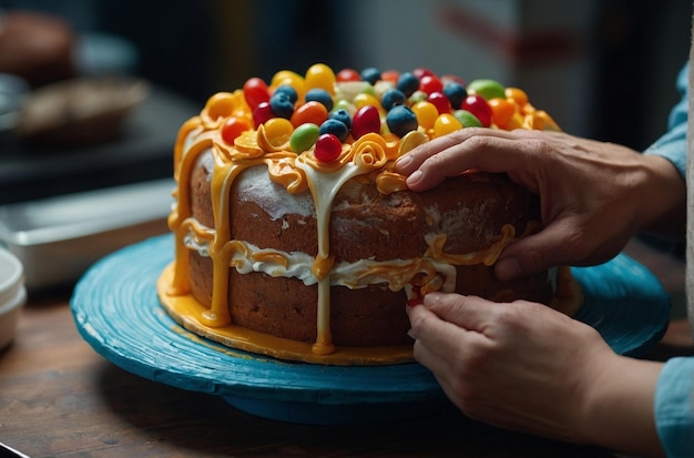 Mãos esculpindo uma réplica realista de um bolo de um alimento ou objeto favorito