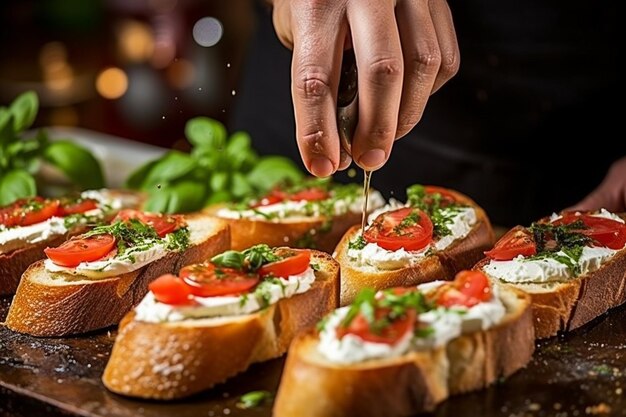 Mãos espalhando queijo de cabra em fatias de baguete torradas para bruschetta