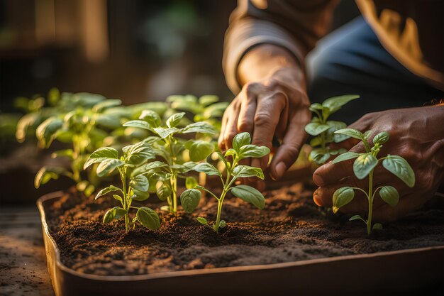 Foto mãos fazendo trabalho de jardinagem e cultivando legumes