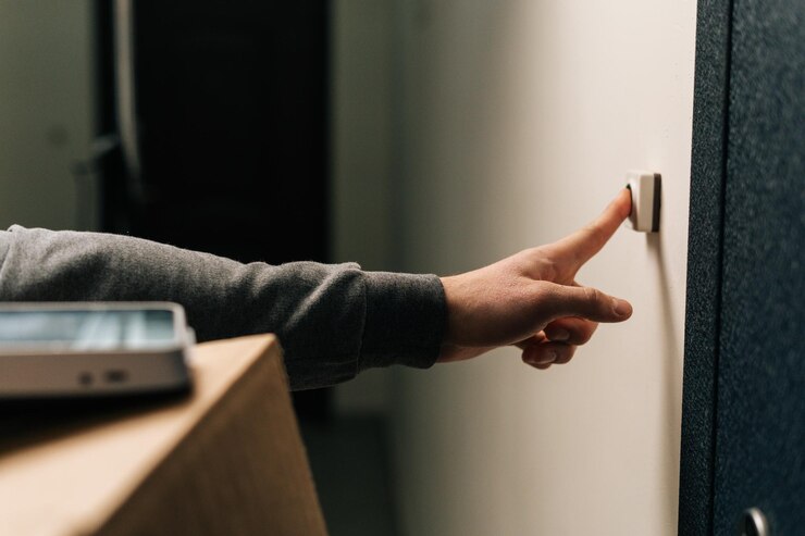 Foto mãos fechadas de entregador irreconhecível tocando a campainha do apartamento do cliente segurando o terminal pos de pagamento sem contato de caixa de papelão