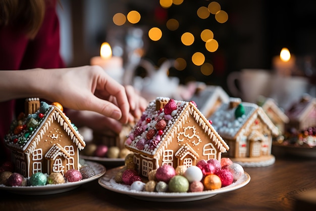 Mãos fechadas decoram habilmente uma casa de pão de gengibre para o conceito de presentes de Natal na temporada de férias