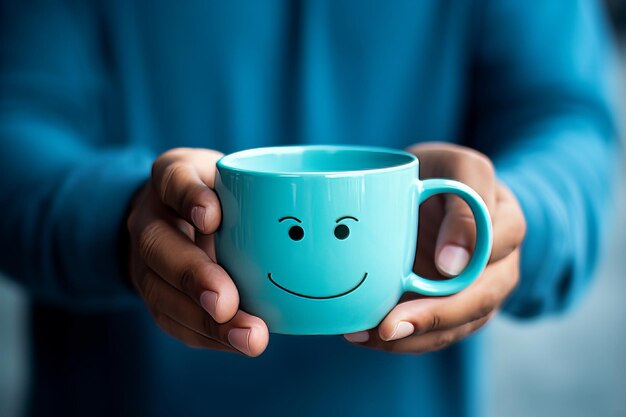 Mãos felizes segurando xícara de café azul com rosto sorridente para combater o conceito de humor de Blue Monday