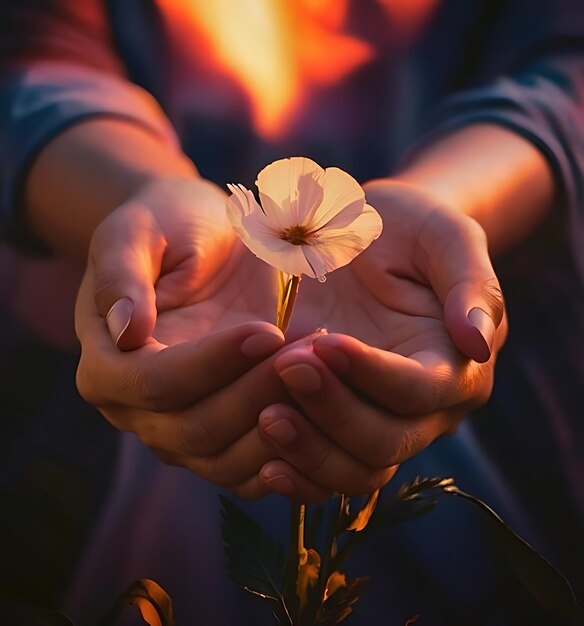 Mãos femininas amarradas segurando flores bondade cuidado dando amor e