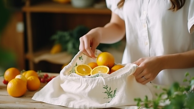 mãos femininas colocam frutas e vegetais em algodão e produzem sacola ecológica reutilizável para fazer compras