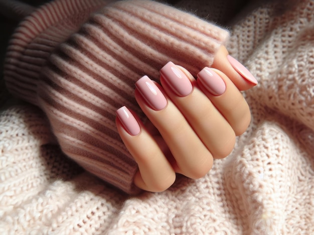 Mãos femininas com desenho de unha rosa ou mãos femininas con manicure rosa