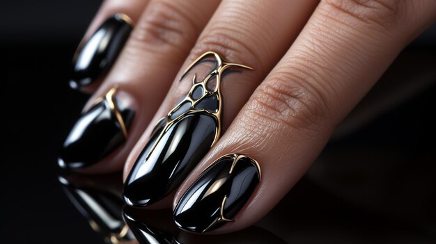 mãos femininas com manicure preta e esmalte de unhas dourado