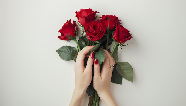 Mãos femininas com um buquê de belas rosas vermelhas em fundo branco