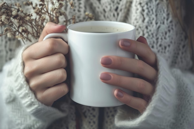 Mãos femininas com uma caneca de bebida Mulher jovem segurando uma chávena de chá ou café na luz do sol matinal IA generativa