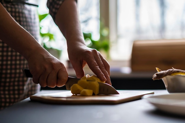 Mãos femininas cozinham comida para os convidados nos feriados b