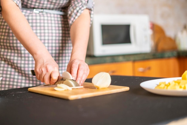 Mãos femininas cozinham comida para os convidados nos feriados b