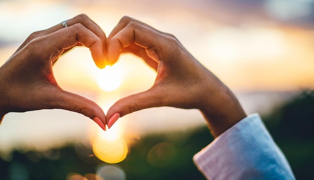 mãos femininas criam uma forma de coração contra o céu radiante simbolizando amor unidade e conexão