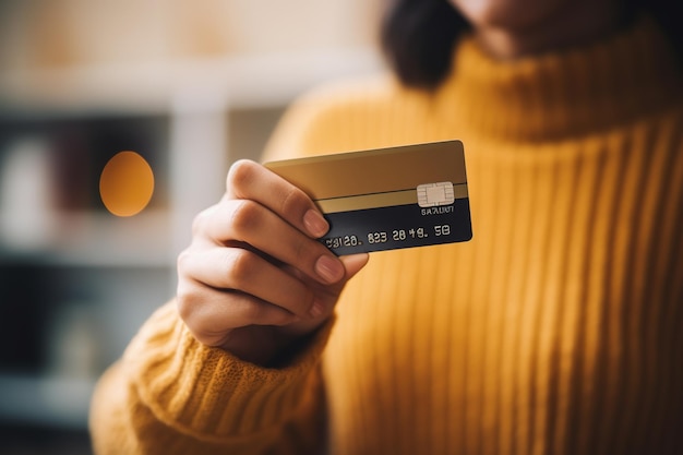 Mãos femininas de perto segurando um cartão de crédito uma jovem pagando on-line usando um serviço bancário