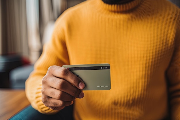 Mãos femininas de perto segurando um cartão de crédito uma jovem pagando on-line usando um serviço bancário