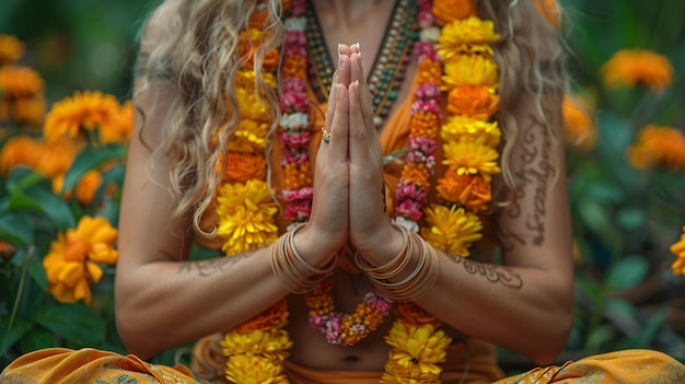 Foto mãos femininas em uma postura mudra representando oração e apreço