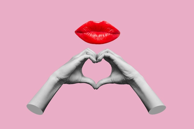 Mãos femininas humanas mostrando uma forma de coração e lábios com batom vermelho brilhante mandando beijo