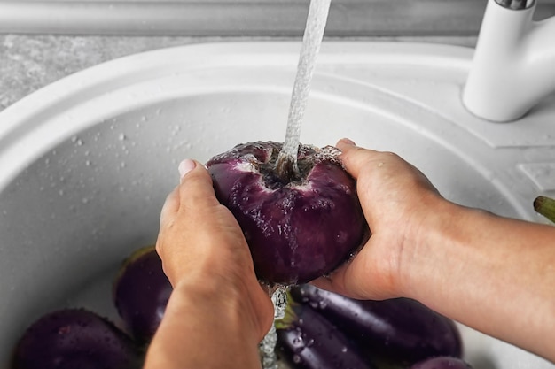 Mãos femininas lavando berinjela fresca