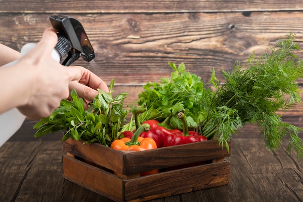 Mãos femininas regando legumes frescos na superfície de madeira