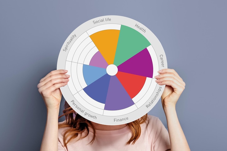 Foto mãos femininas seguram um cartaz com um diagrama da esfera da vida
