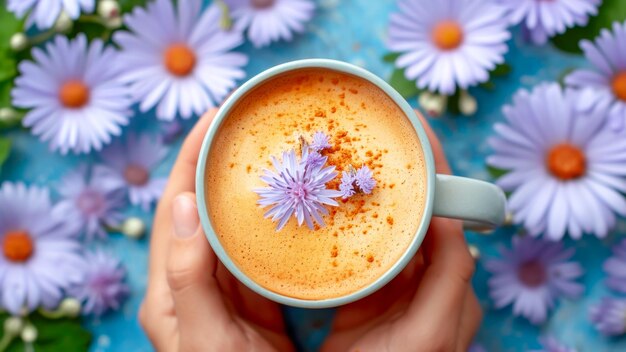 Mãos femininas seguram xícara de café de chicória alternativa com flor azul cercada por sotaques florais