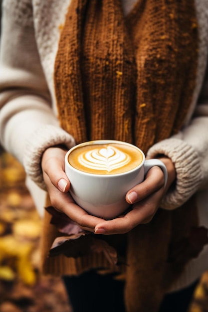 mãos femininas segurando café quente cappuccino cobertor e folhas de outono em fundo de madeira velha