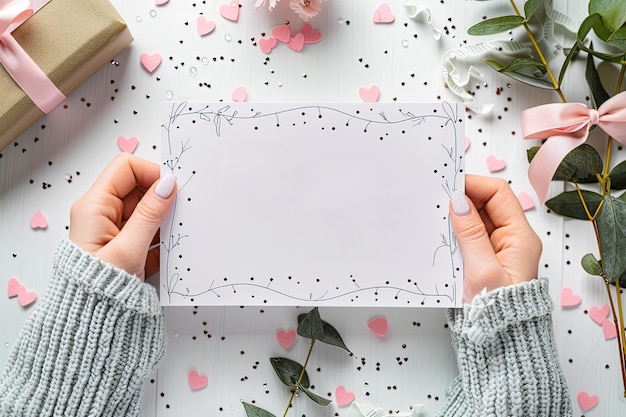 Mãos femininas segurando cartão de papel vazio com espaço em branco conceito de Dia da Mãe IA gerativa