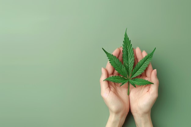 mãos femininas segurando folha de maconha em fundo verde claro vista superior