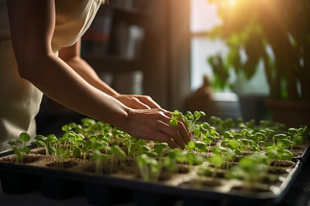 Mãos femininas segurando microgreens de mostarda em close-up crescendo microgreen