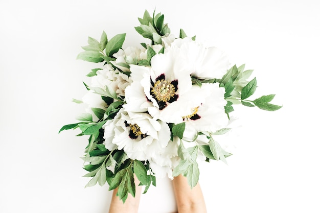 Mãos femininas segurando um buquê de flores de peônia branca na superfície branca